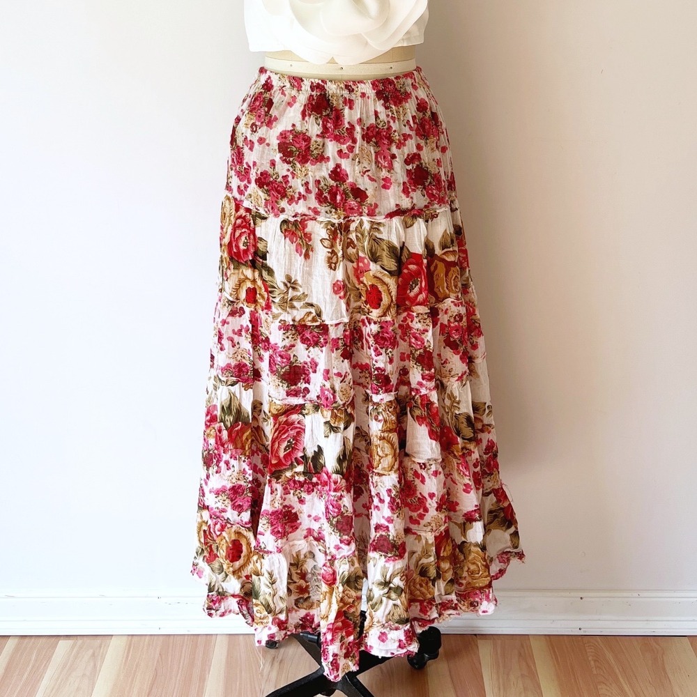 India Cotton Rose Print Tiered Maxi Skirt Floral Boho Ruffle‎ Layered M